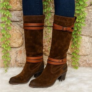 FRYE Oiled Brown Leather Jane Strappy Boots, 6.5B